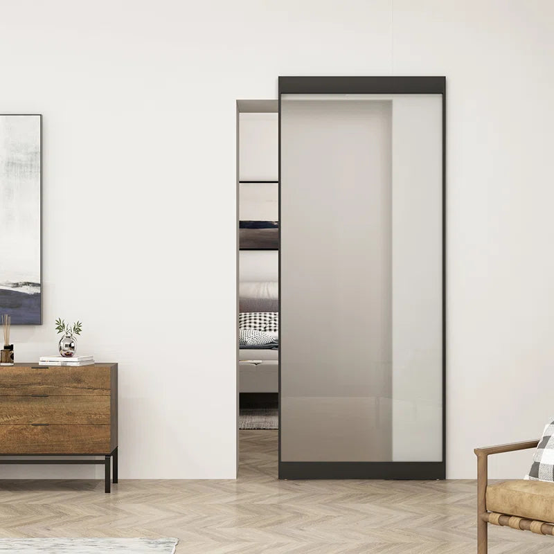 40 in. x 84 in. Full Lite Frost Glass Steel Frame Sliding Door with Hardware Kit Hidden Track System