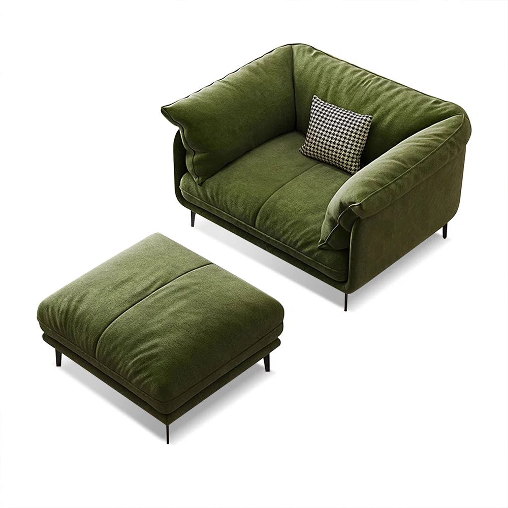 Green Velvet Cushion Arm Chair with Ottoman