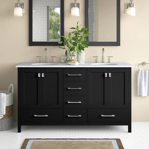 60 '' Double Bathroom Vanity with Engineered Marble Top Black