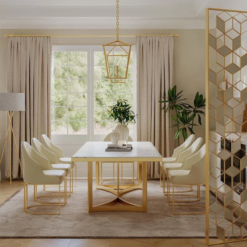 Bura Modern Marble Dining Table,White Rectangular Tabletop Gold Stainless Legs