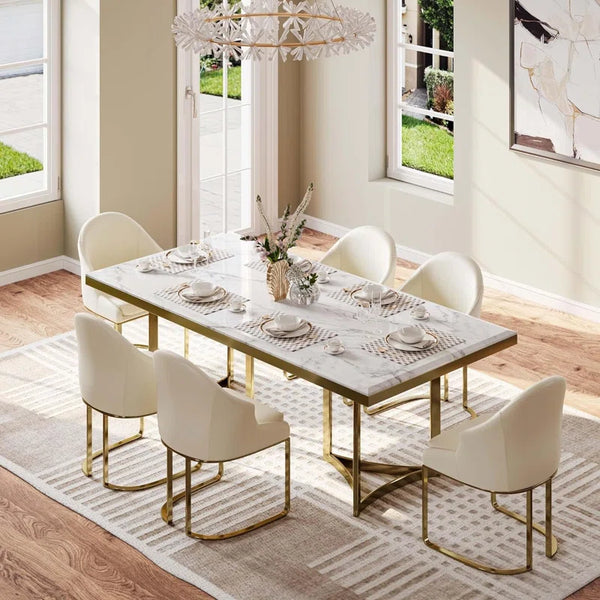 Bura Modern Marble Dining Table,White Rectangular Tabletop Gold Stainless Legs