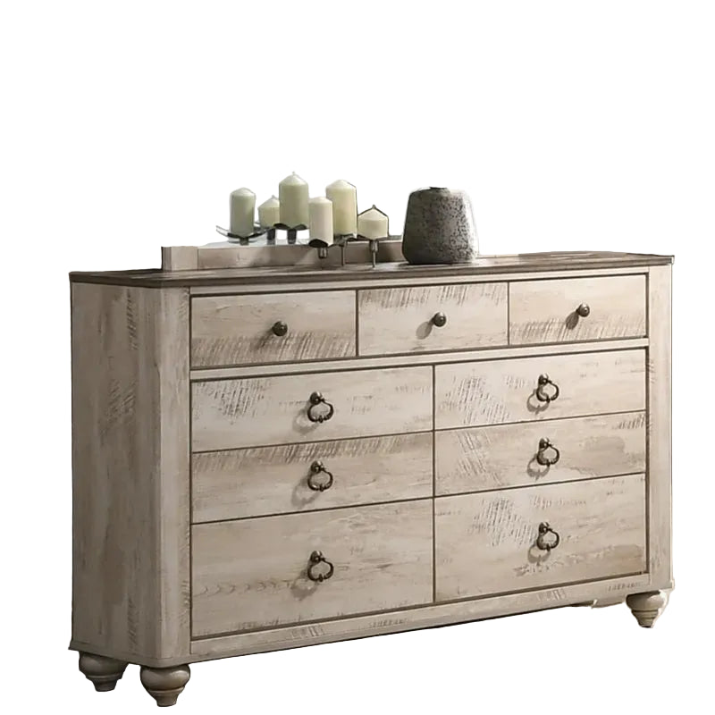 Contemporary White Wash Dresser Without Mirror and one Nightstand